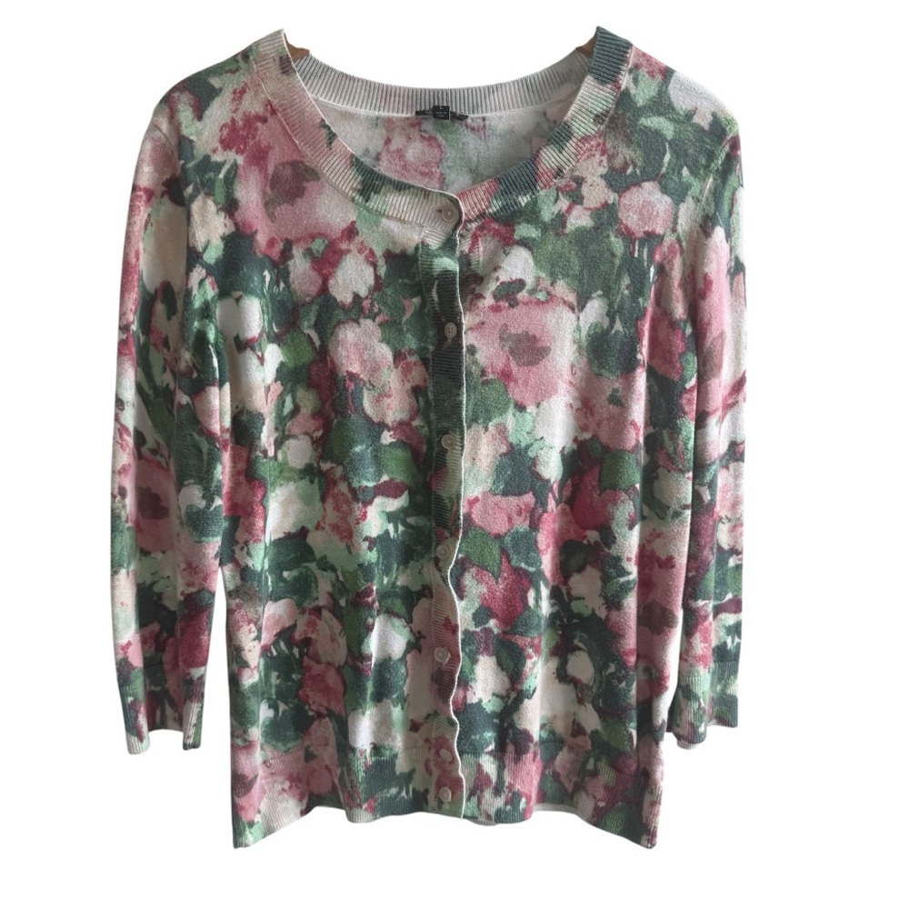 Talbots Floral Cardigan Sweater Women’s L Pink Green Button Front Lightweight